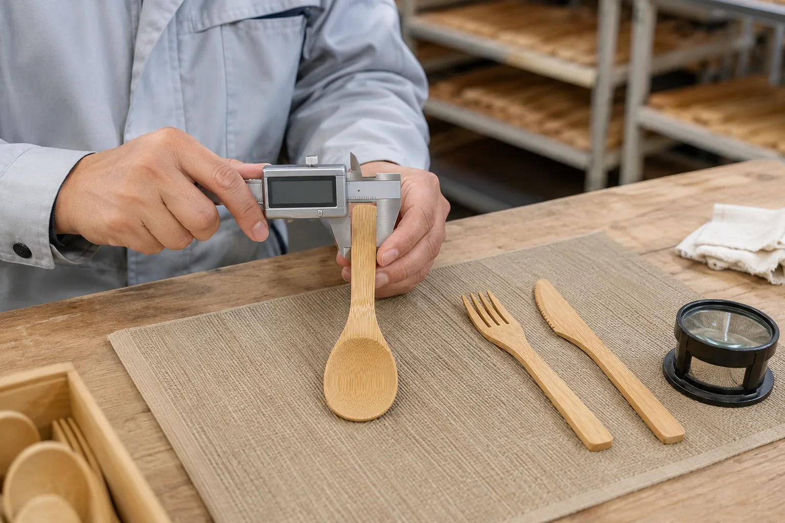 Bamboo utensil quality inspection checking fork tines, spoon edges, surface finish and set contents against an approved sample