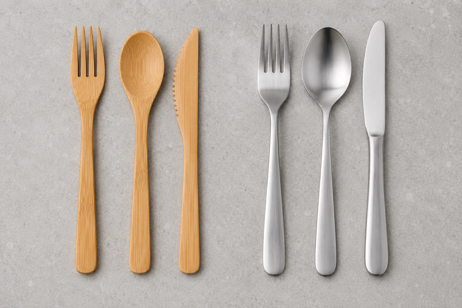 Bamboo spoon fork and knife beside a stainless steel travel cutlery set for material comparison
