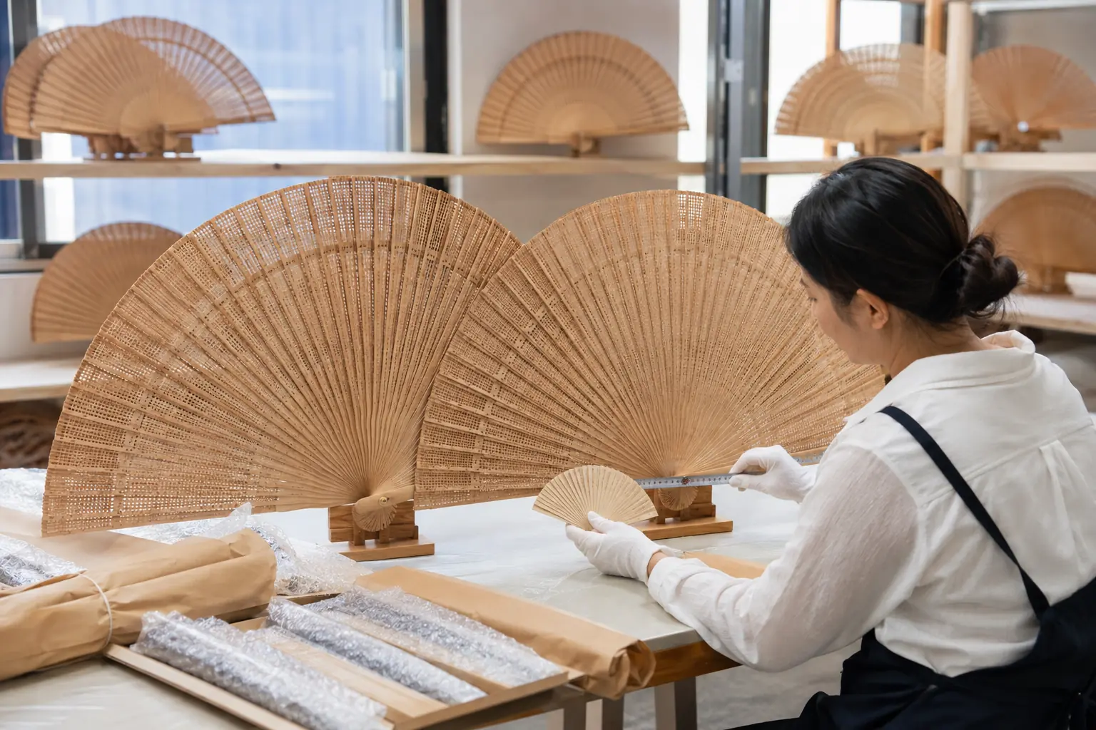 Inspector checking dimensions and rib alignment on large bamboo wall fans
