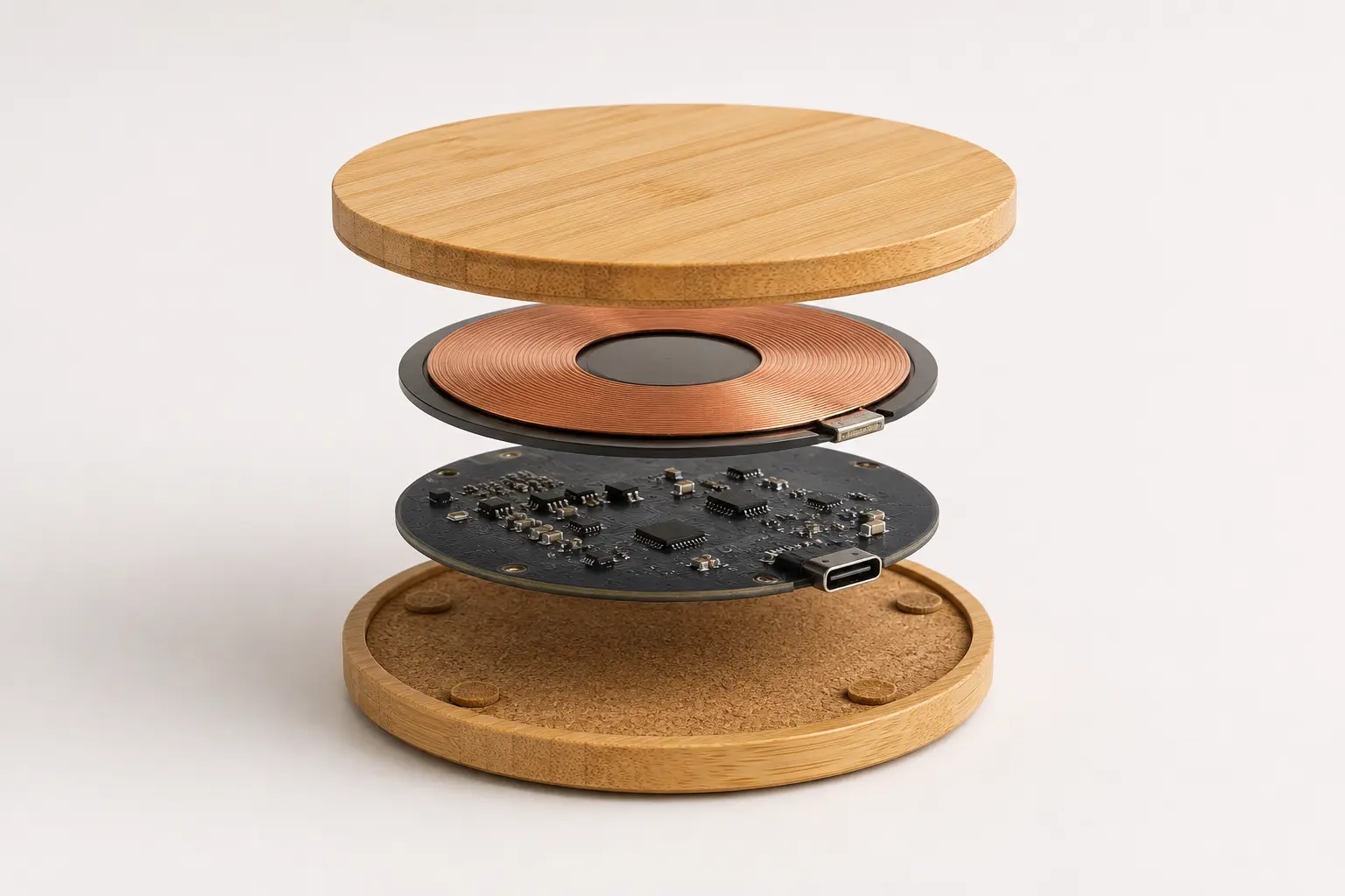 Exploded view of a bamboo wireless charging pad showing the bamboo surface, charging coil and electronic layers