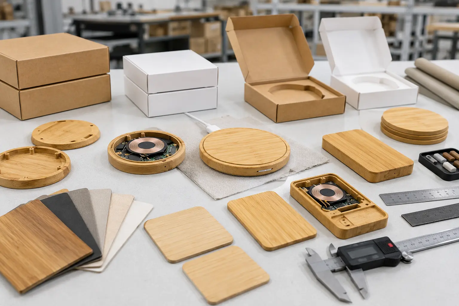 OEM bamboo wireless charger development samples with bamboo housings, branding areas and packaging options