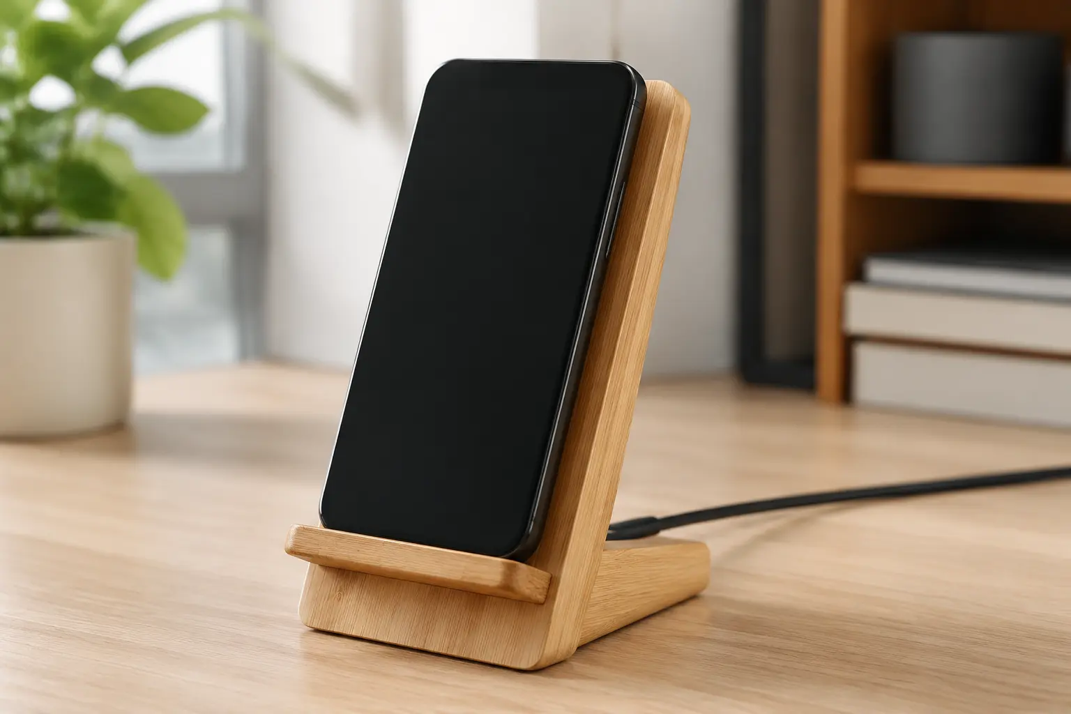 Natural bamboo wireless charger phone stand holding a smartphone upright on a modern desk