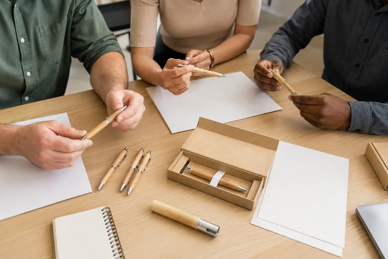 B2B sourcing team reviewing bamboo writing pen samples packaging and specification sheets