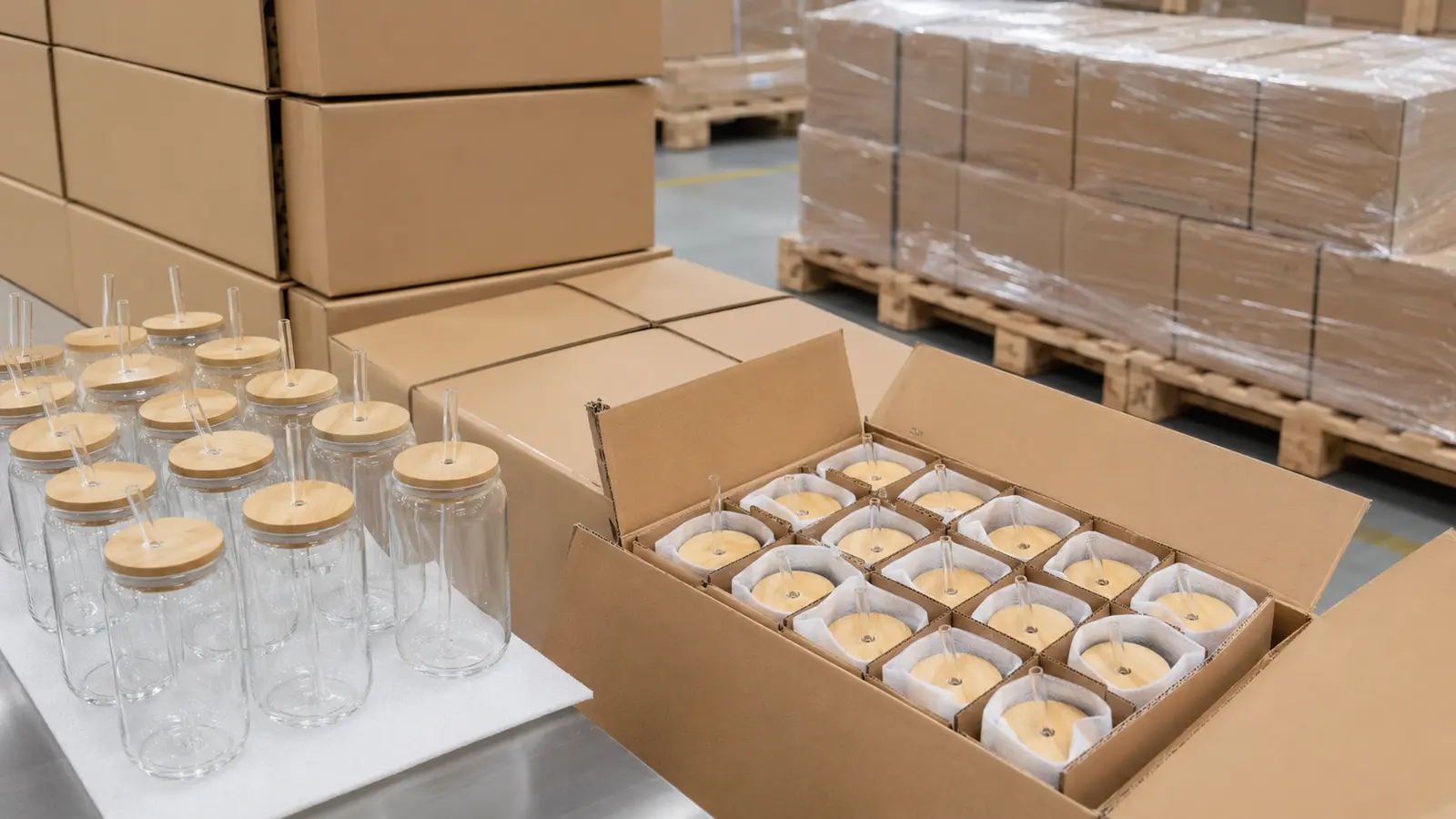 Beer can glass with bamboo lid and straw wholesale export packaging