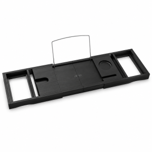 Black bathtub tray with a center folding hinge, sliding side sections, book stand and molded storage areas