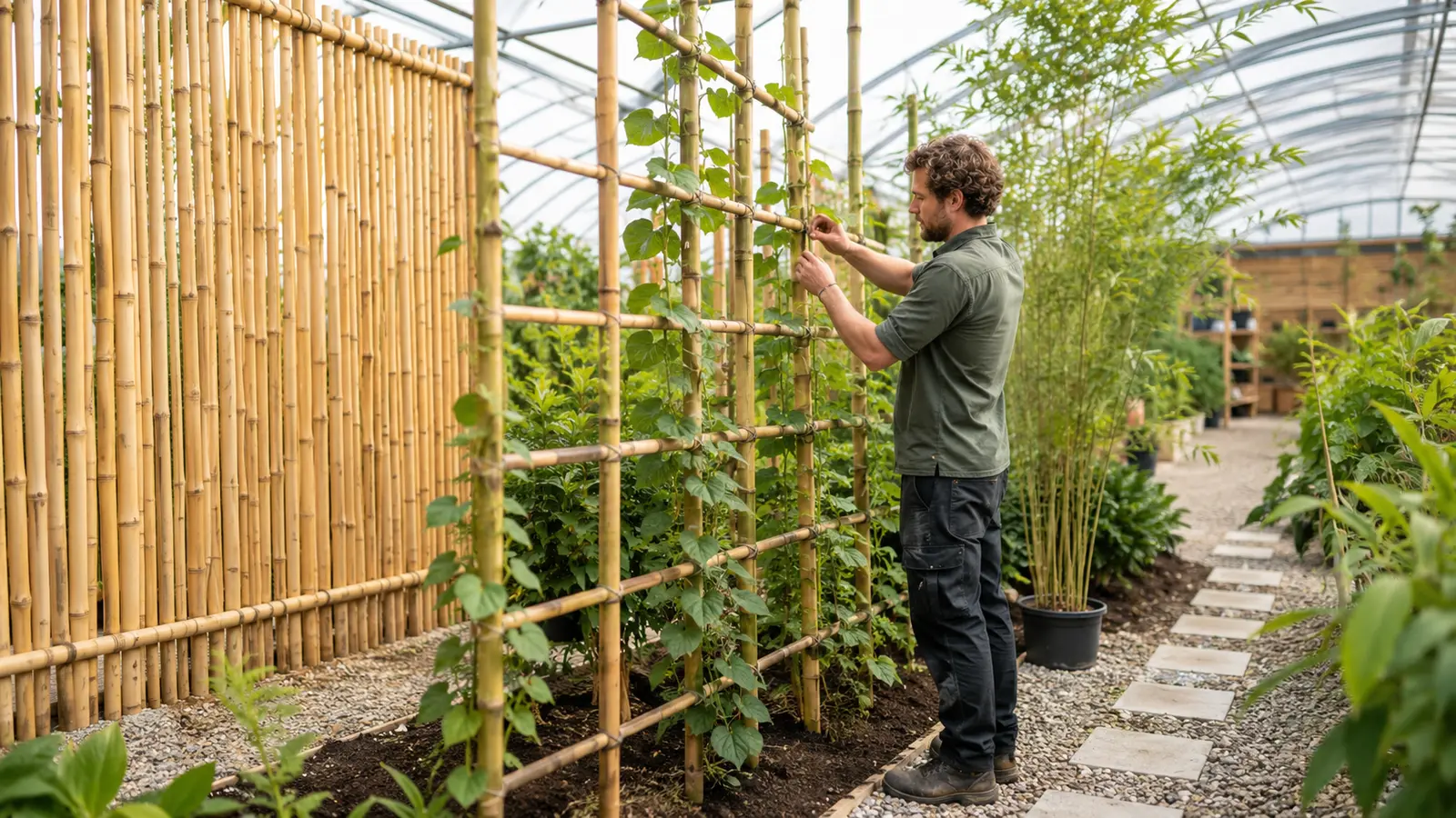Bulk bamboo poles used for greenhouse plant supports, trellises and privacy screens