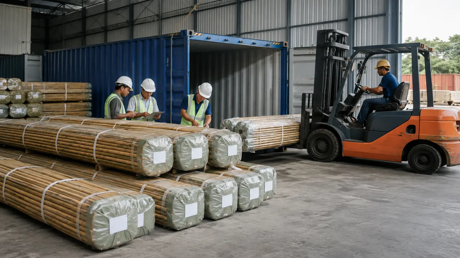 Bulk bamboo poles wrapped in export bundles beside a shipping container