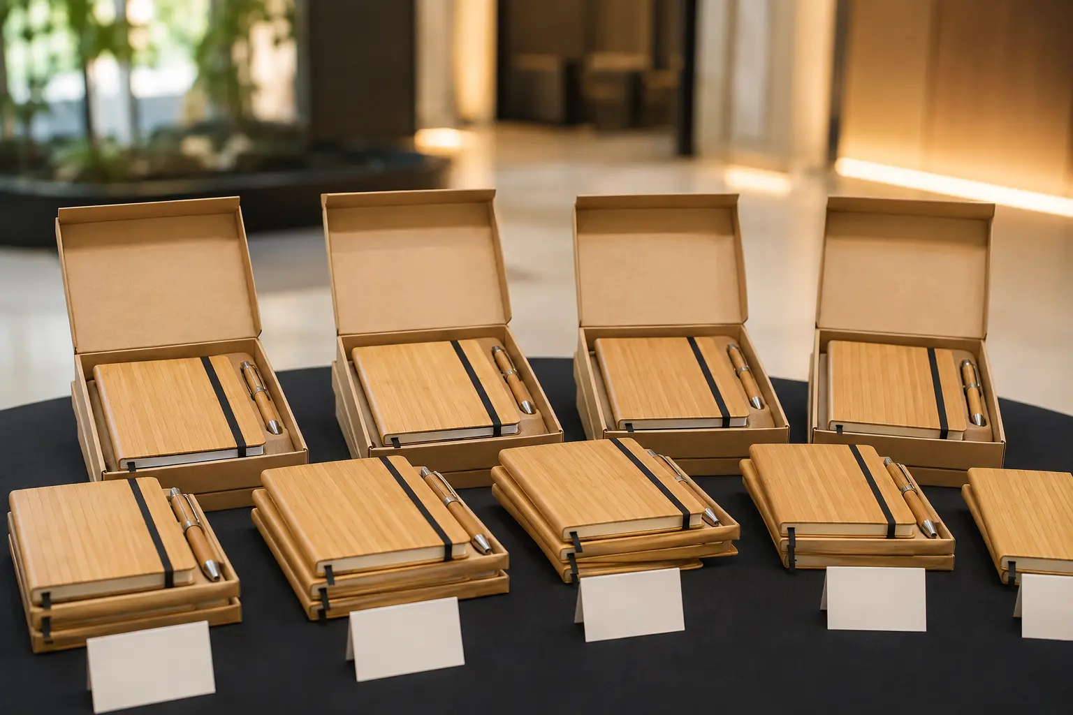 Multiple unbranded bamboo notebook and pen gift sets arranged for a corporate event welcome table