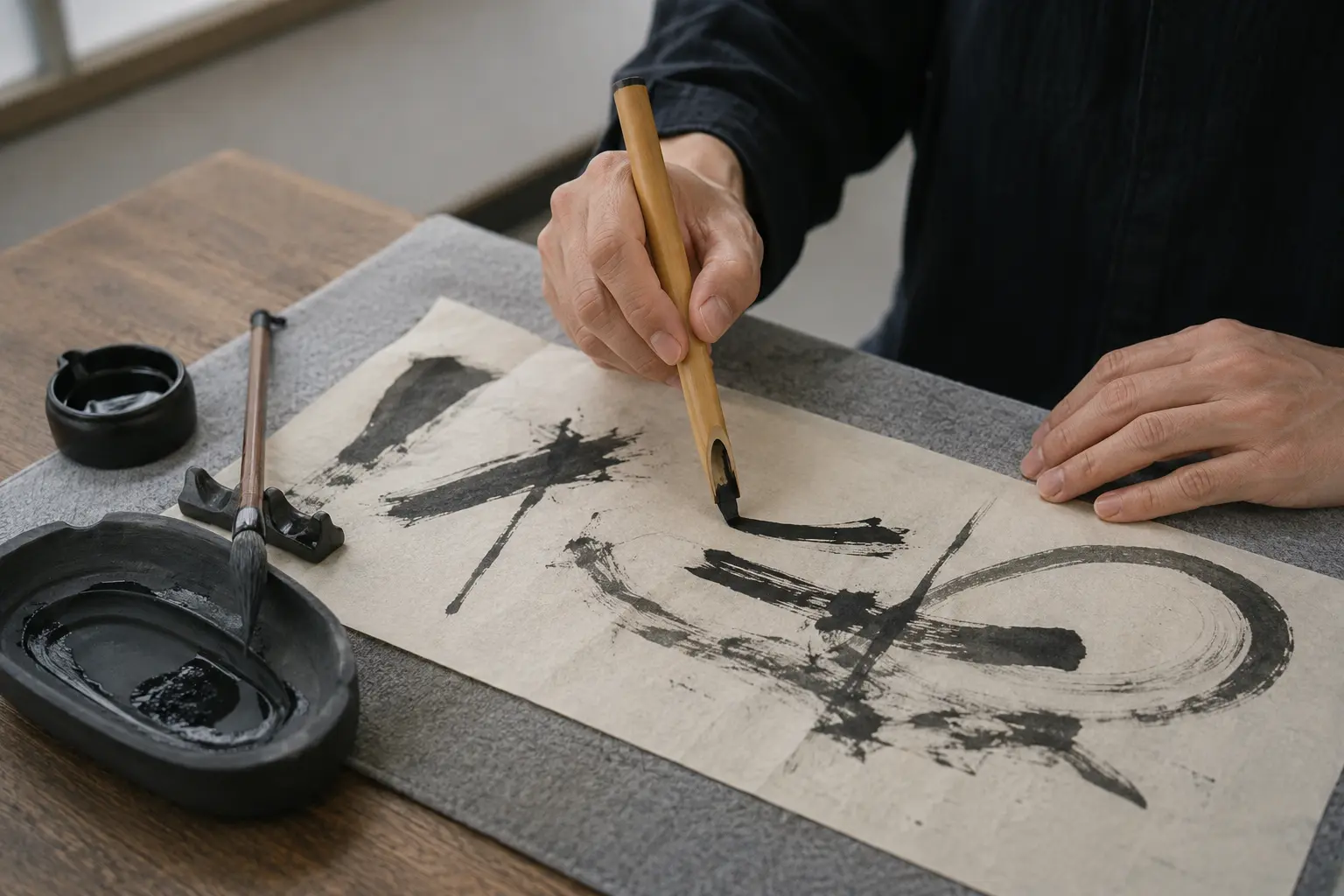 Contemporary calligraphy studio experiment with a cut bamboo pen, abstract ink strokes, inkstone and traditional brush placed nearby