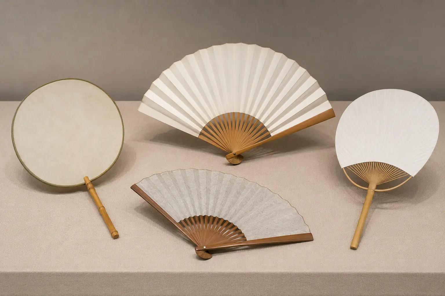 Chinese round and folding fans beside Japanese sensu and uchiwa bamboo hand fans