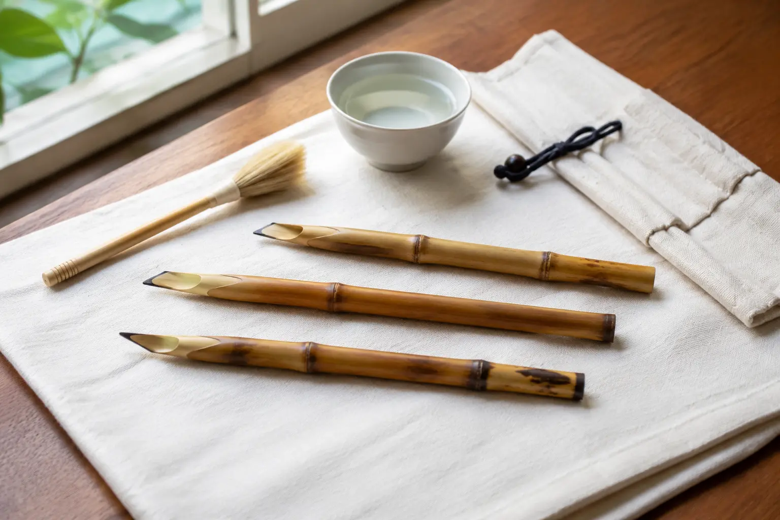 Clean bamboo reed pens drying horizontally on a cloth beside a soft brush and protective pen sleeve