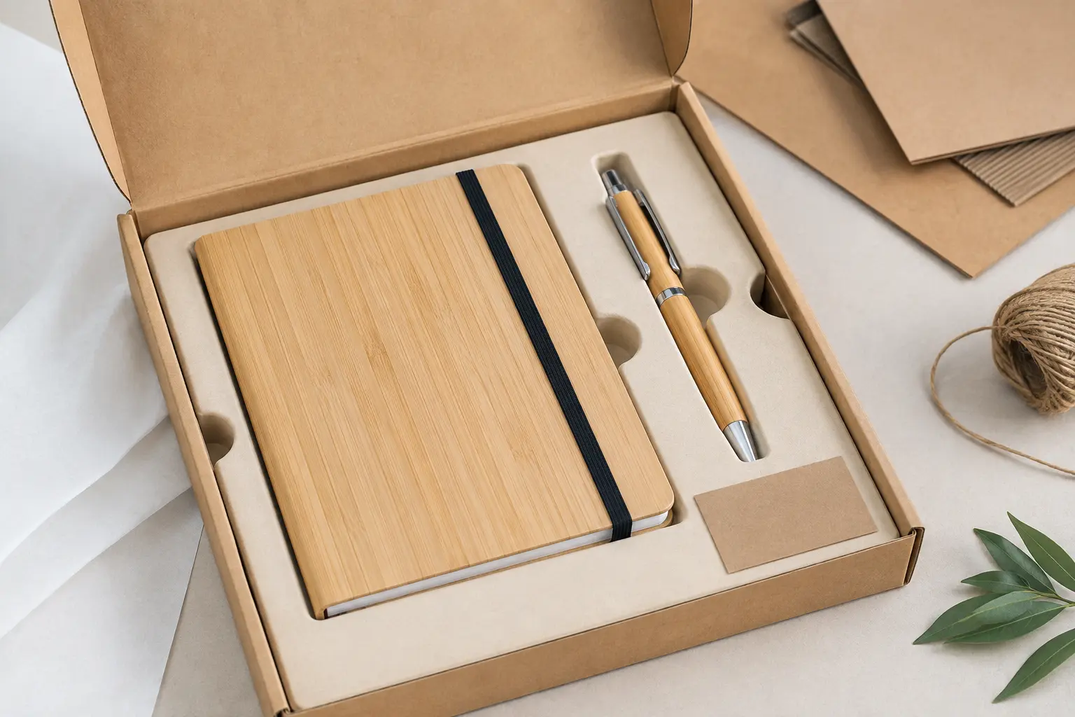 Bamboo notebook and pen corporate gift set fitted neatly into an unbranded kraft presentation box with protective insert