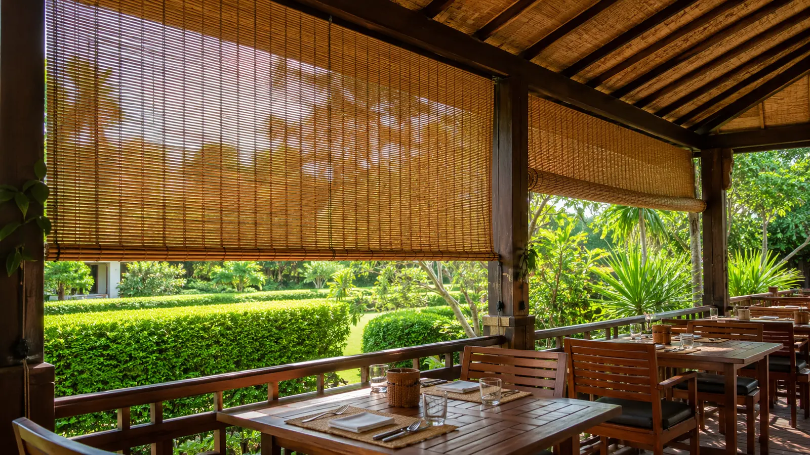 Custom bamboo blinds outdoor beneath a covered restaurant terrace