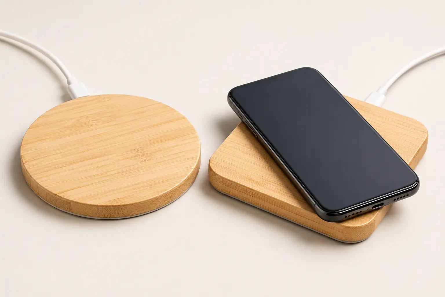 Custom bamboo charging pads in round and square formats with visible natural bamboo grain