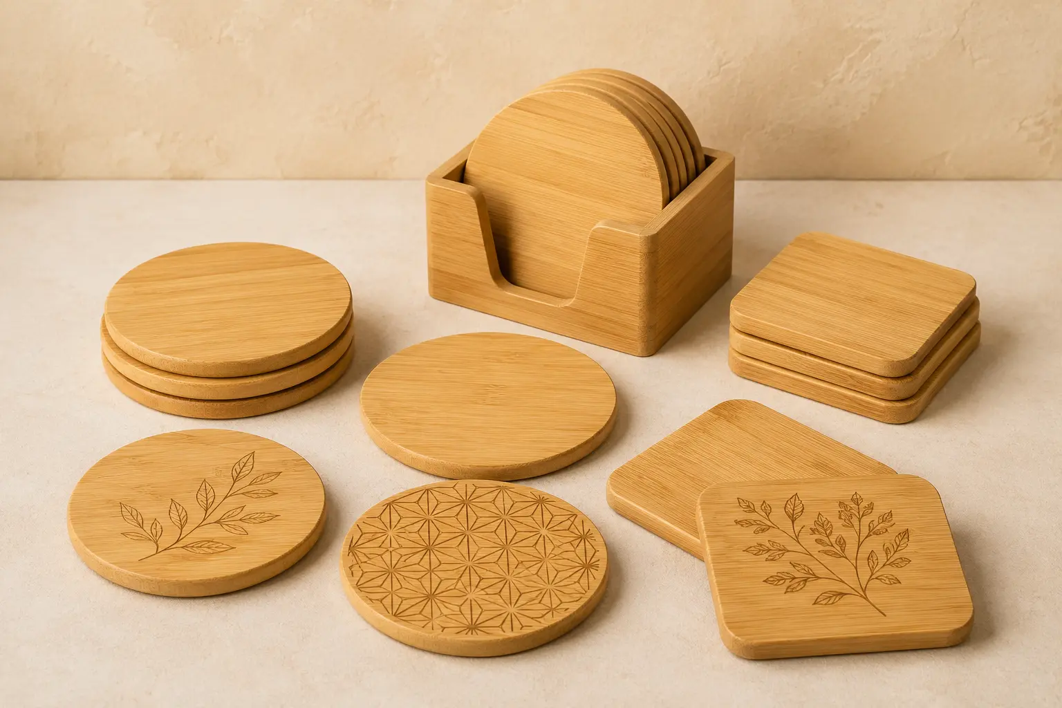 Custom bamboo coasters wholesale in round and square shapes with a bamboo holder