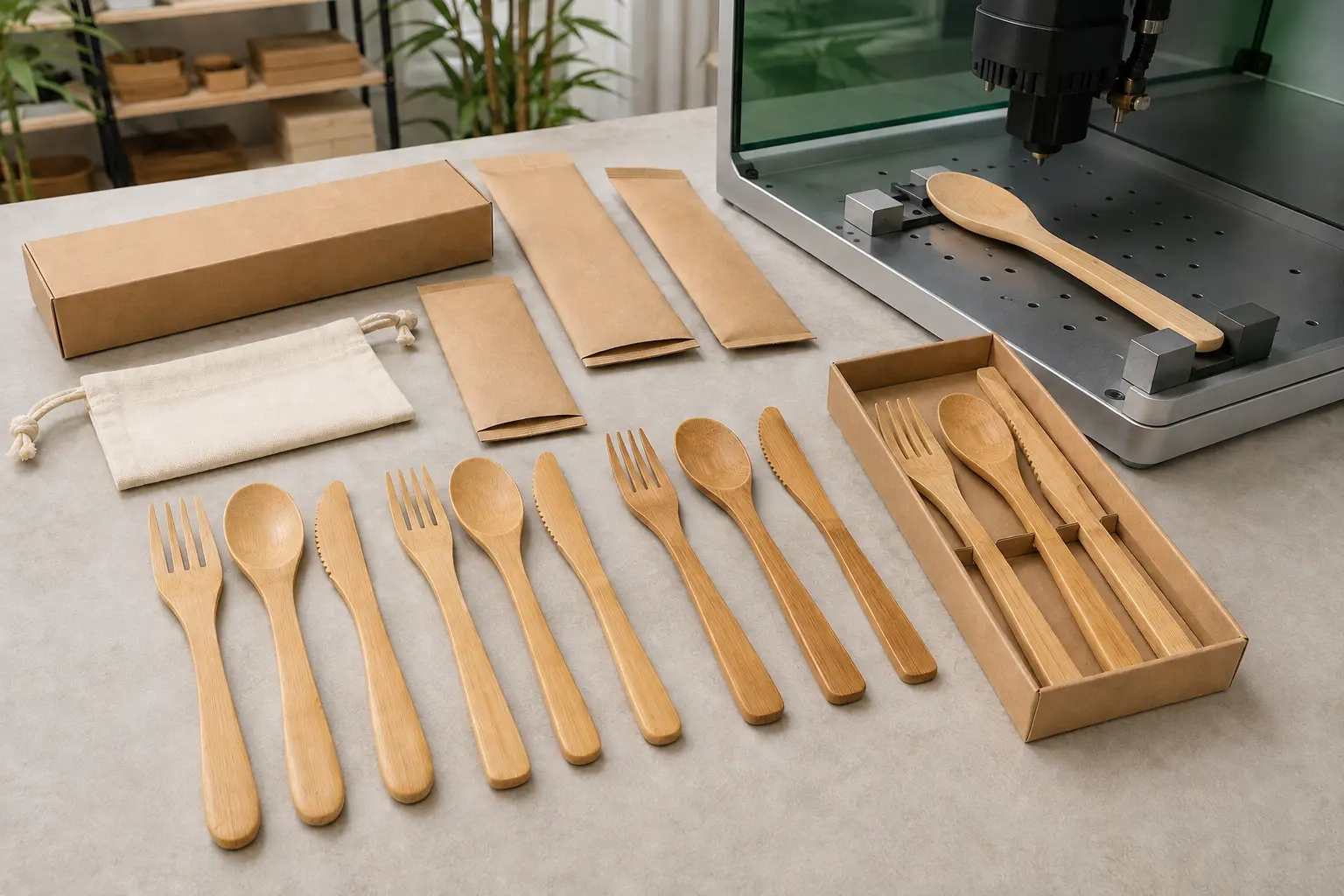 Custom bamboo cutlery branding options with engraved utensils cotton pouch and blank kraft packaging