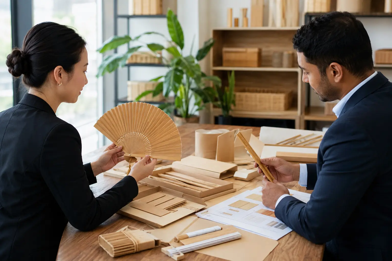 Buyer and supplier reviewing custom bamboo fan samples, artwork sheets and packaging