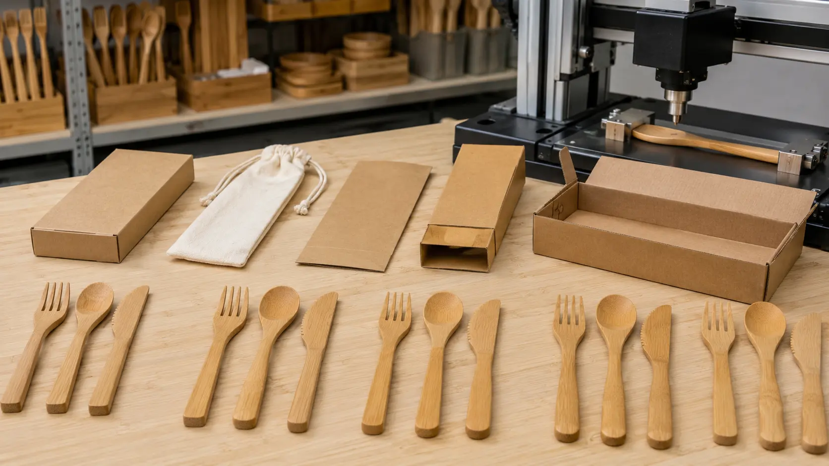 Custom bamboo flatware wholesale options with varied utensil shapes and blank packaging