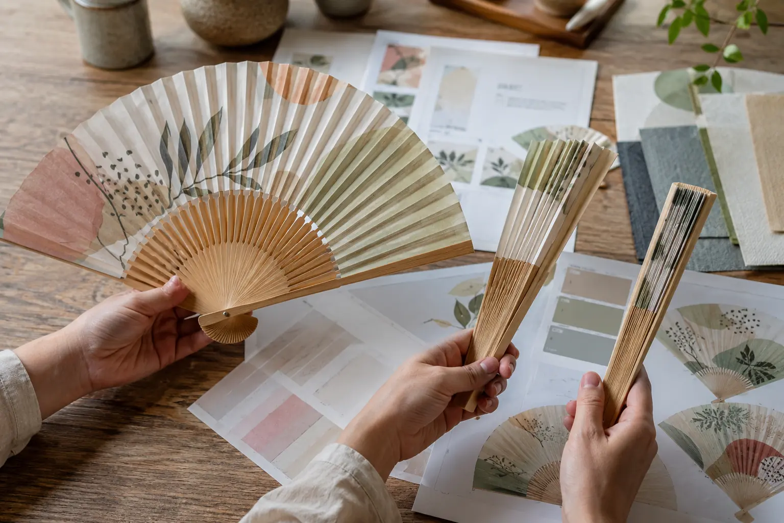 Designer reviewing custom printed bamboo folding fan artwork across pleats