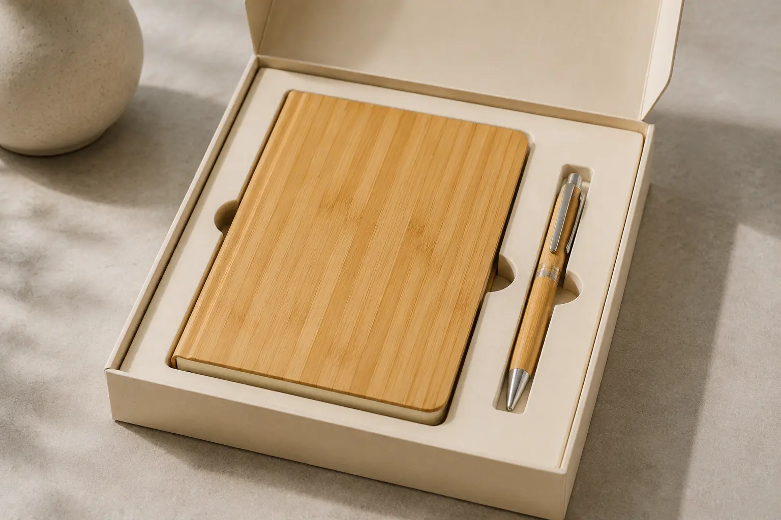 Custom bamboo notebook and pen set arranged in a clean presentation box for corporate gifting
