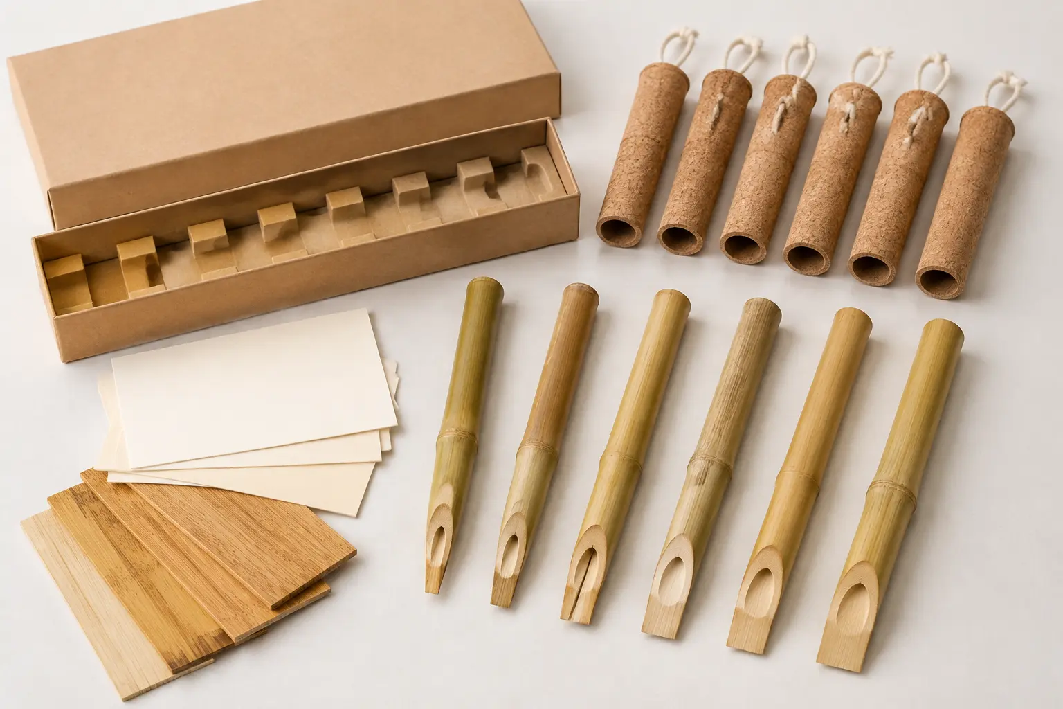 Unbranded wholesale bamboo qalam set with six cut bamboo nib widths, paperboard box, protective sleeves and blank sample cards