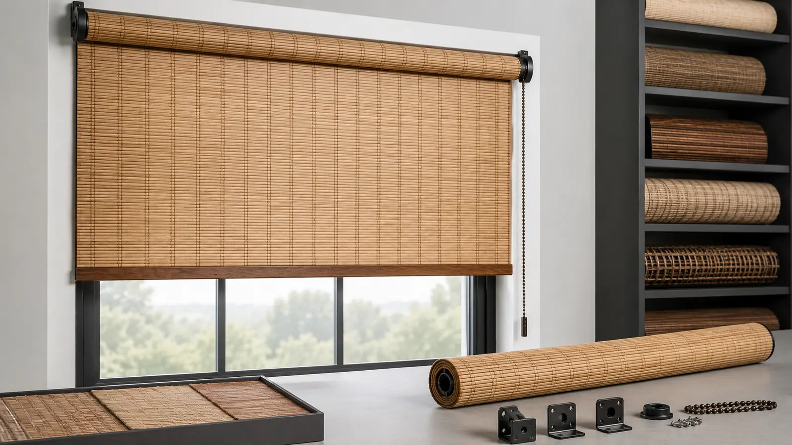 Custom bamboo roller shade with top tube, bottom rail and hardware