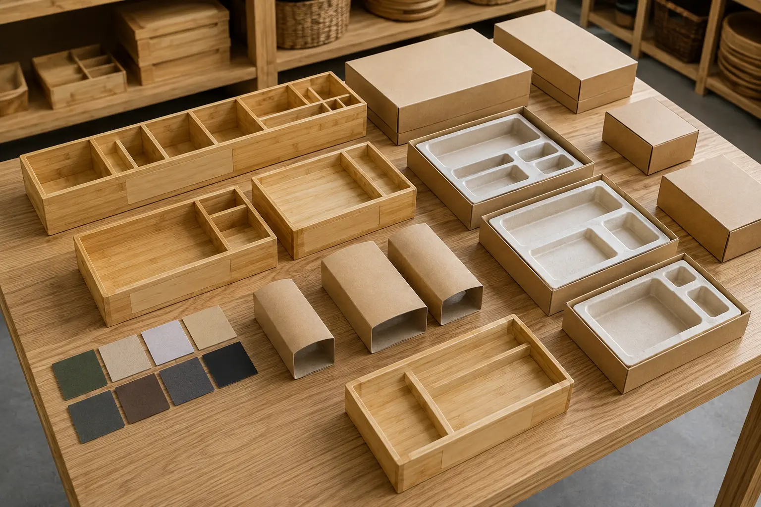Custom bamboo rolling trays with blank OEM branding areas and retail packaging