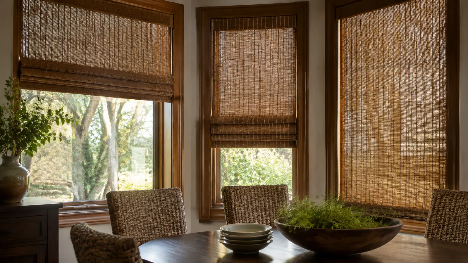 Custom bamboo Roman shades forming even folds on interior windows
