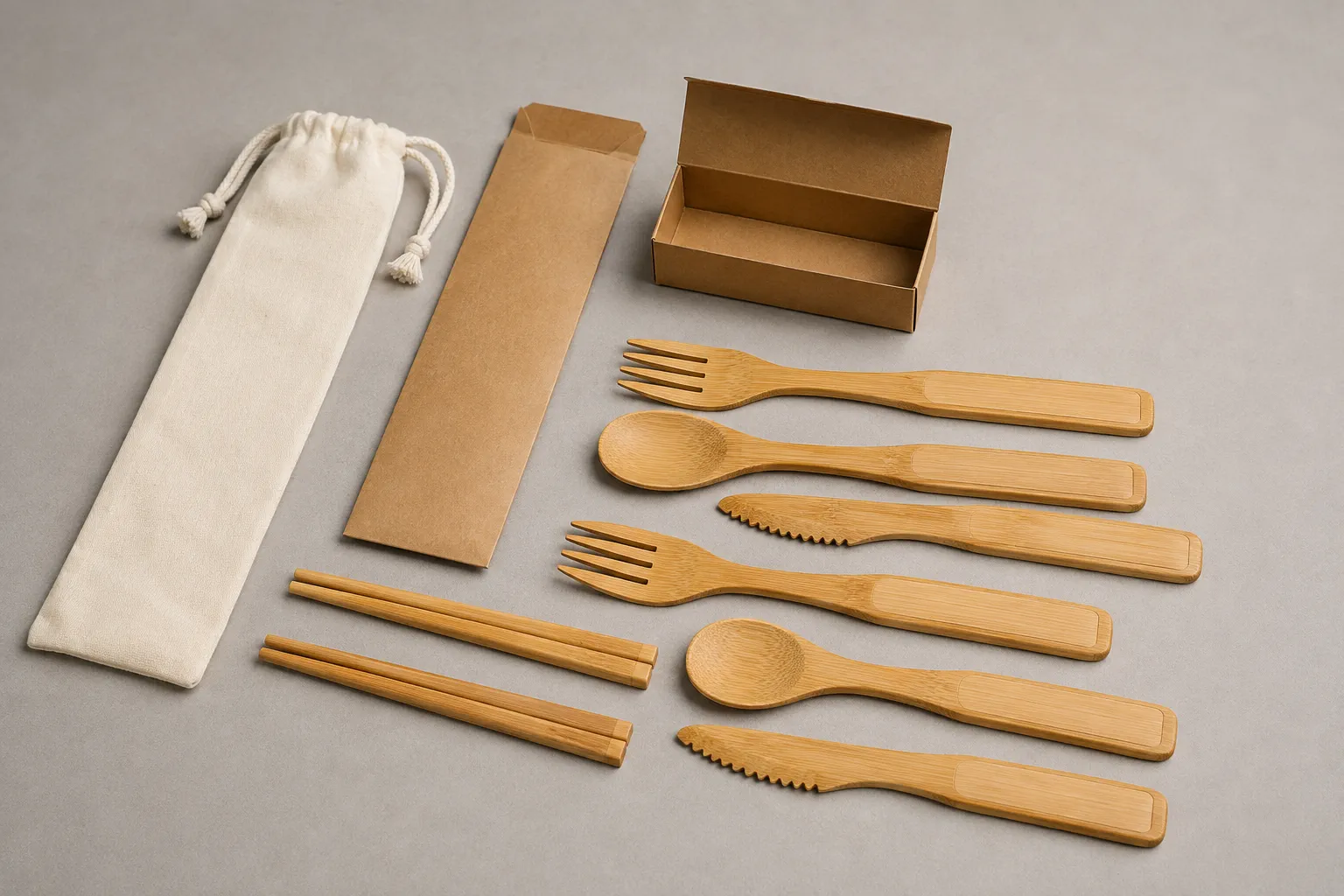 Custom bamboo utensils with discreet logo engraving on the handles and personalized washable cases