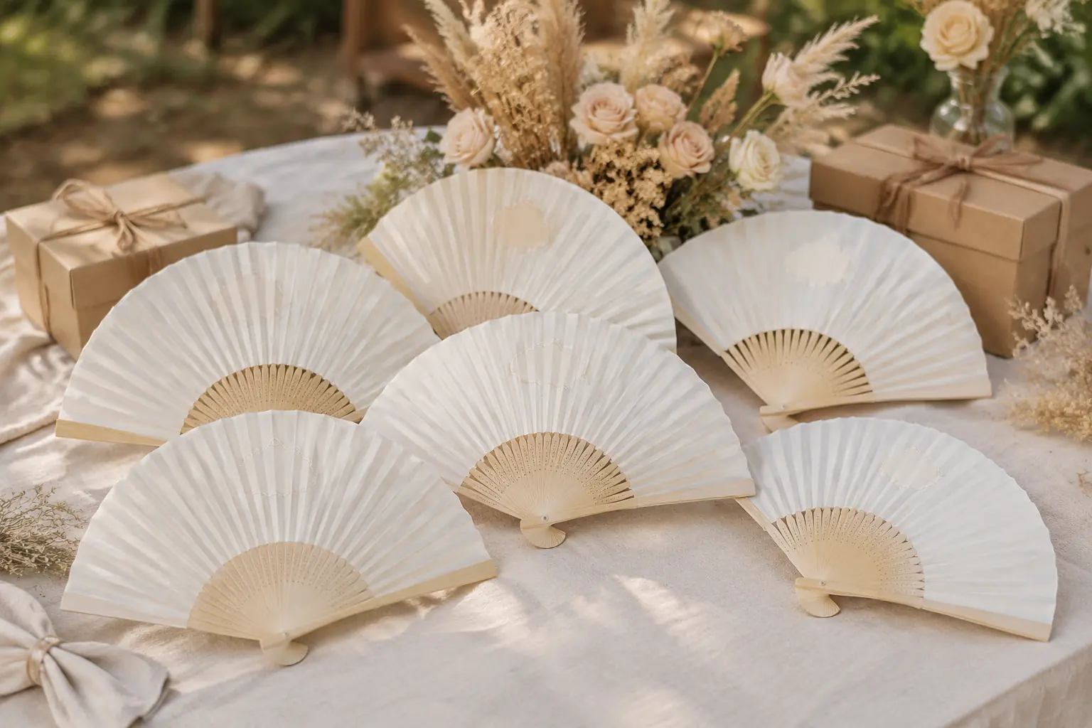 Custom bamboo wedding fans displayed with neutral event place settings