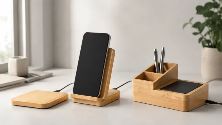 Custom bamboo wireless charger collection with charging pad, phone stand and desk organizer for wholesale programs