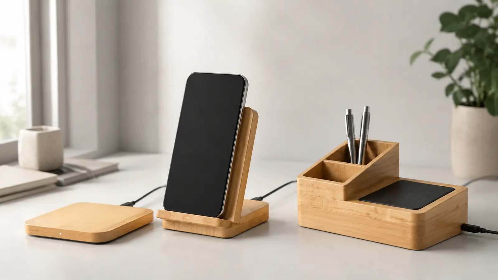 Custom bamboo wireless charger collection with charging pad, phone stand and desk organizer for wholesale programs