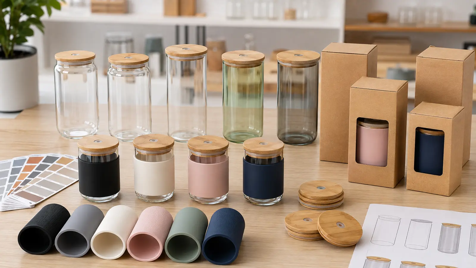 Custom glass cups with bamboo lids in multiple shapes, colors and gift boxes