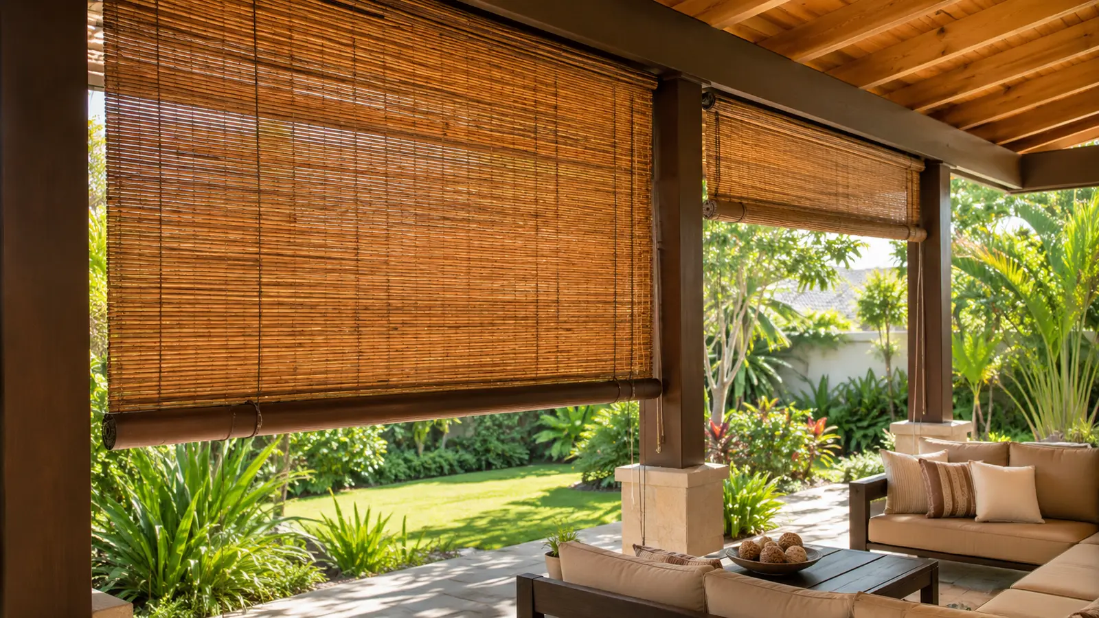 Custom outdoor bamboo shades installed on a covered garden patio