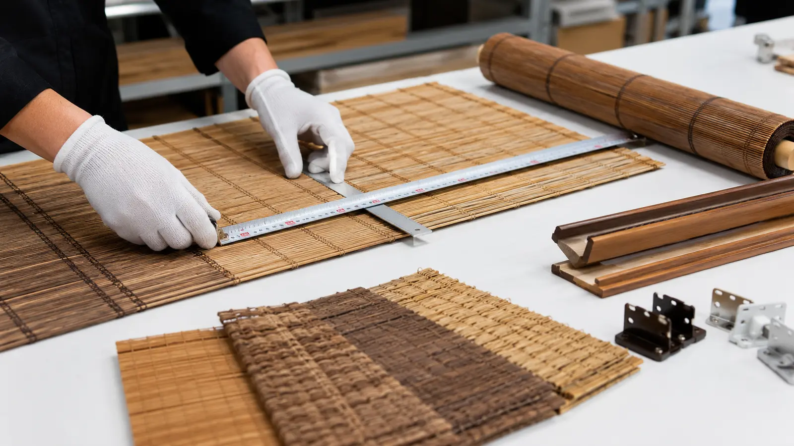 Factory worker measuring woven material for custom size bamboo shades