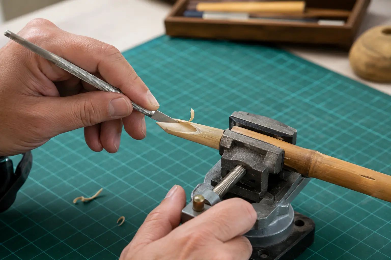 Adult hands safely shaping a bamboo reed pen nib on a cutting mat with the blade moving away from the supporting hand