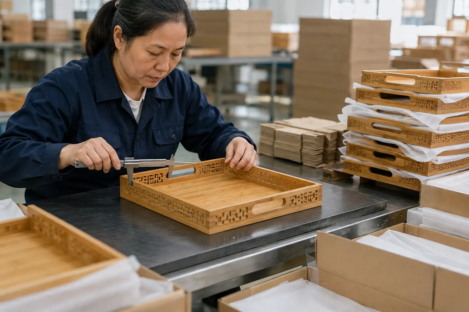 Quality inspection and protective packaging for decorative bamboo storage trays