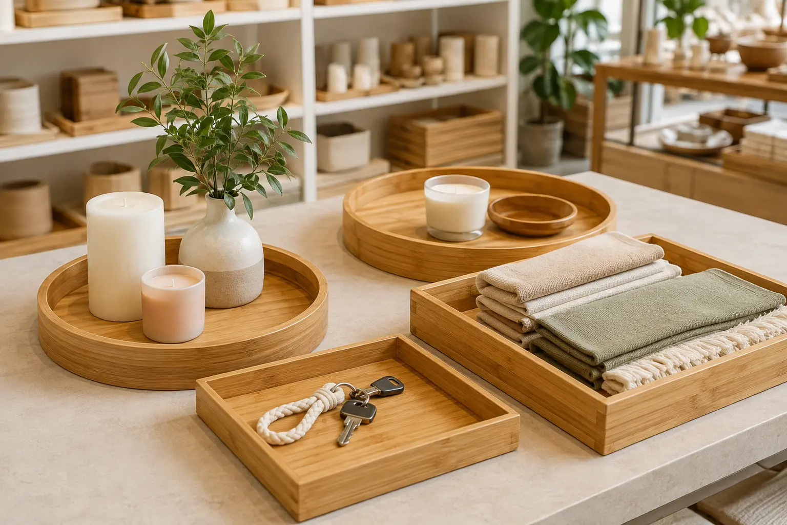 Decorative bamboo trays styled for home organization and retail display