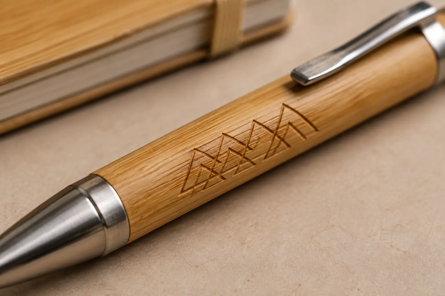 Close-up of a generic engraved bamboo pen showing fine laser detail and natural variation in the bamboo grain