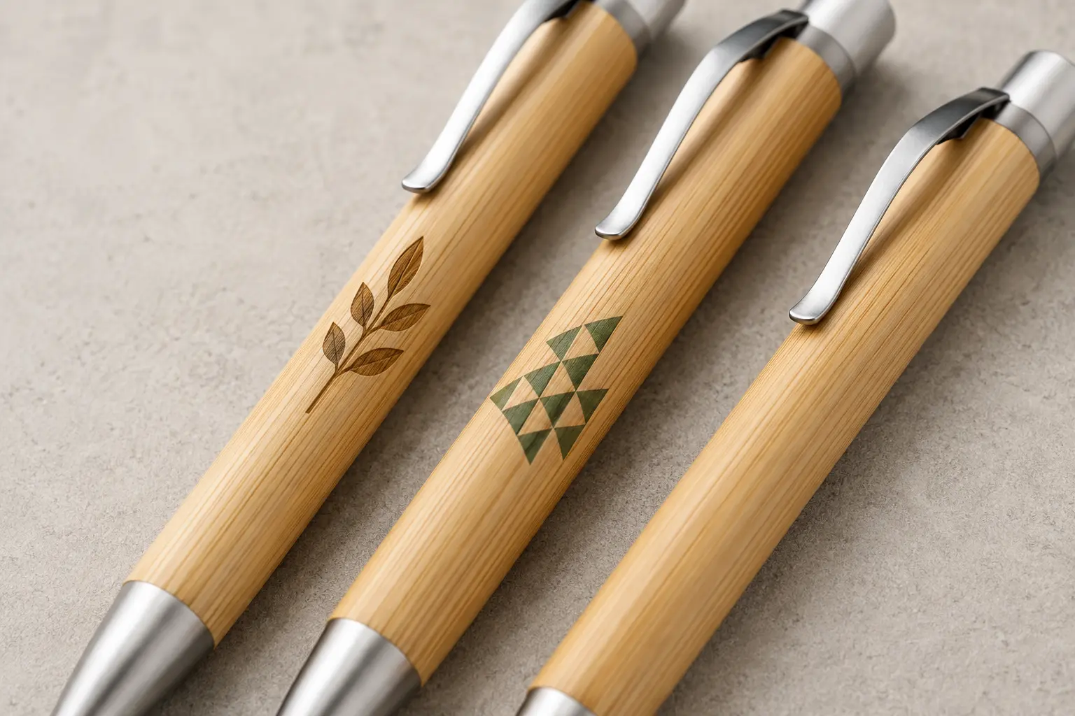 Close-up comparison of laser engraving and subtle printed logo areas on bamboo pens