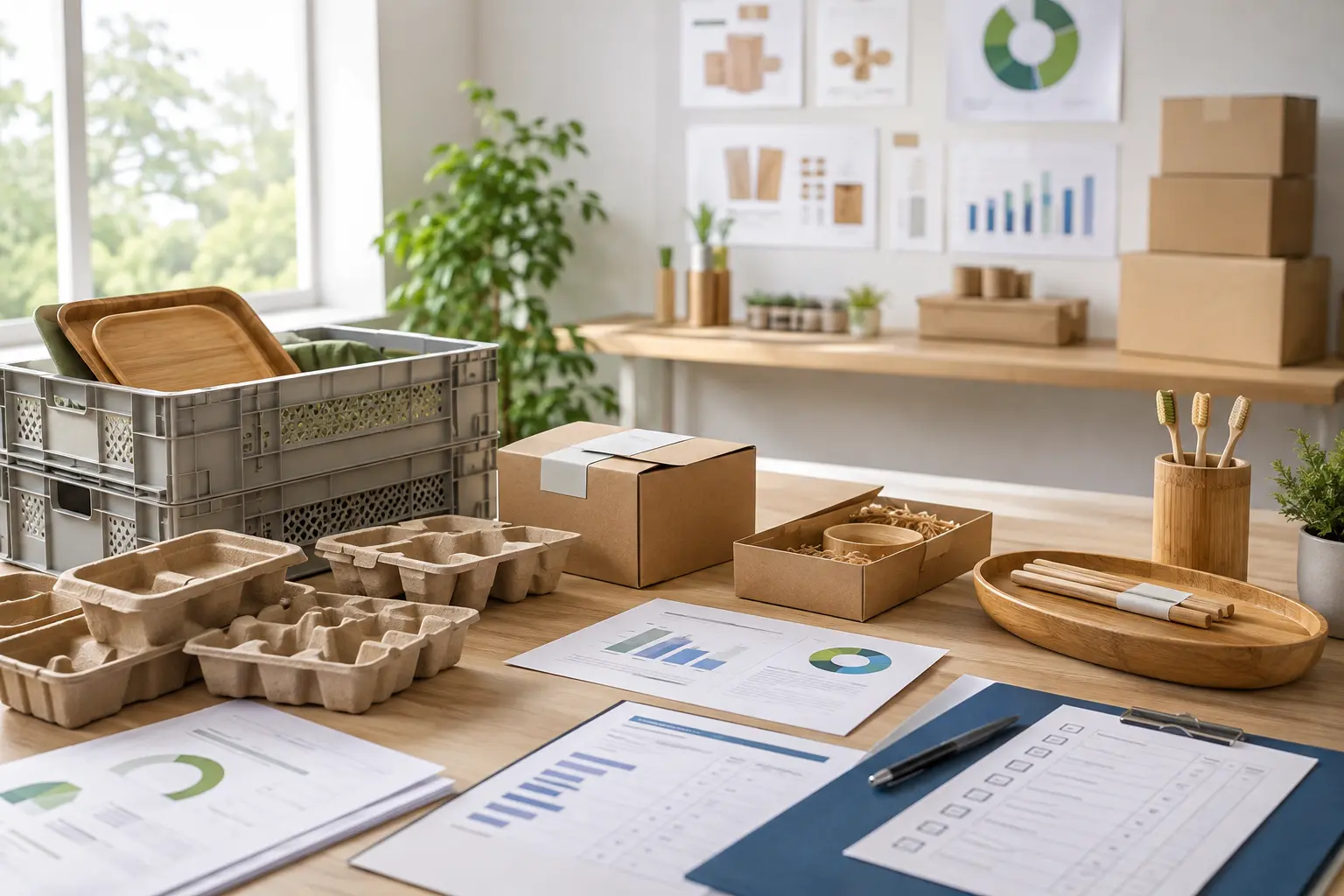 Sustainable packaging compliance workspace with bamboo products