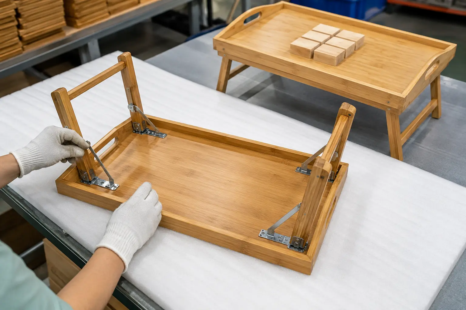 Folding bamboo tray underside with hinges and leg braces during factory quality inspection