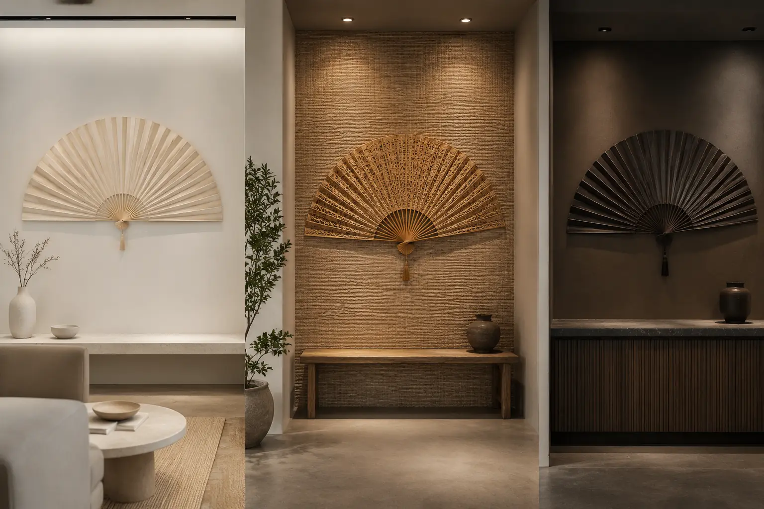 Large folding bamboo wall fans styled in contemporary, natural and hospitality interiors
