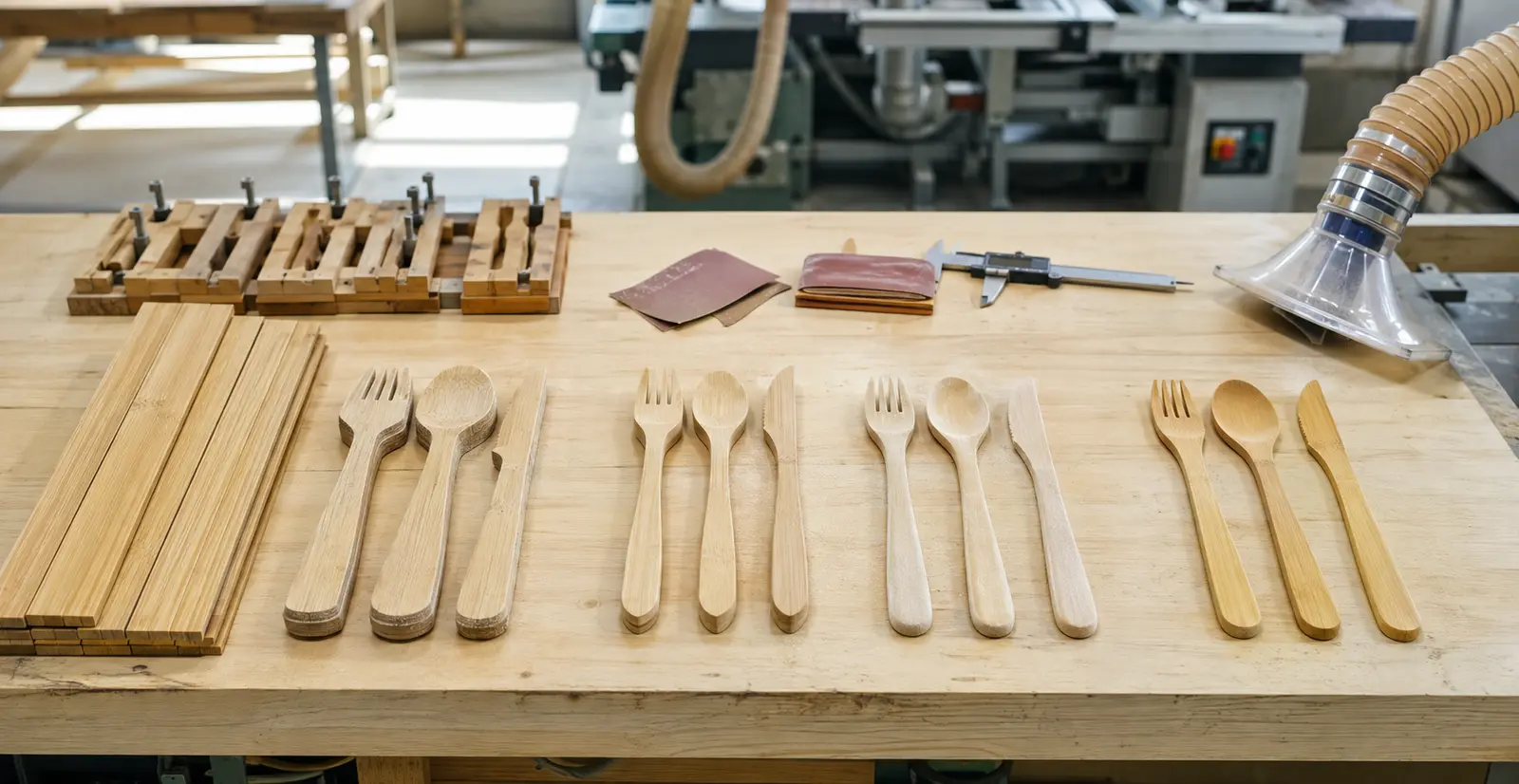 Bamboo cutlery manufacturing stages from bamboo strips and shaped blanks to sanding and finished utensils