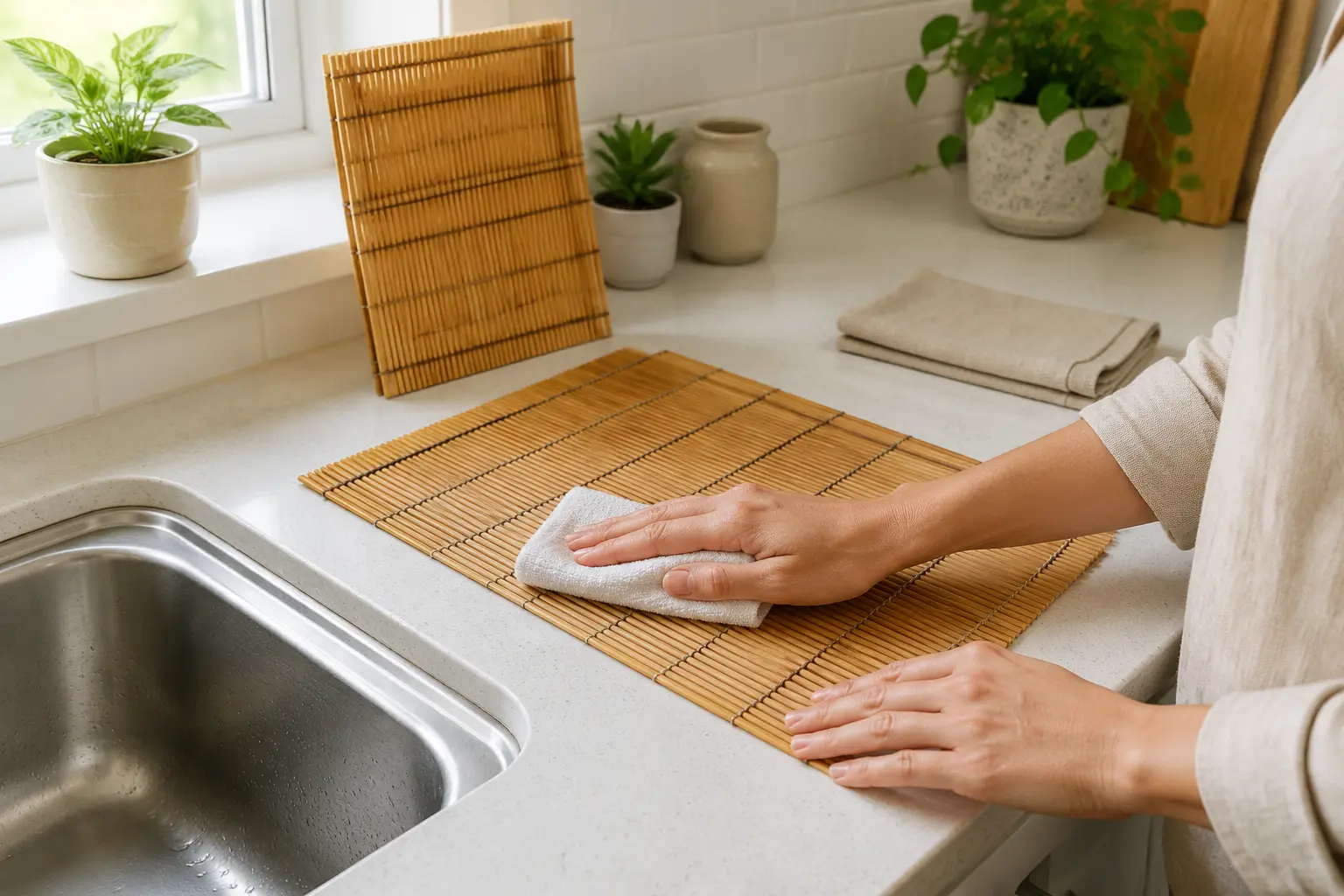 Wiping a bamboo table mat clean and leaving it to air-dry
