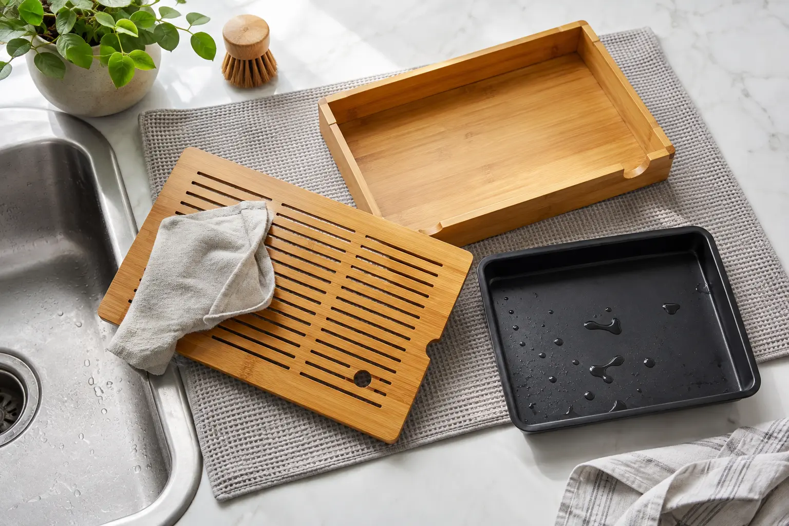 Bamboo tea tray slatted top, catchment pan and cloth arranged for cleaning and air drying