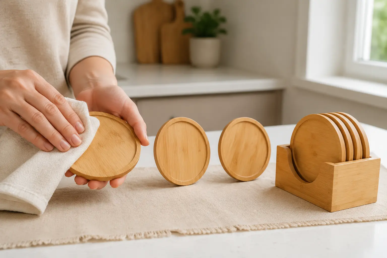 Wiping, air-drying and storing round bamboo coasters in a holder