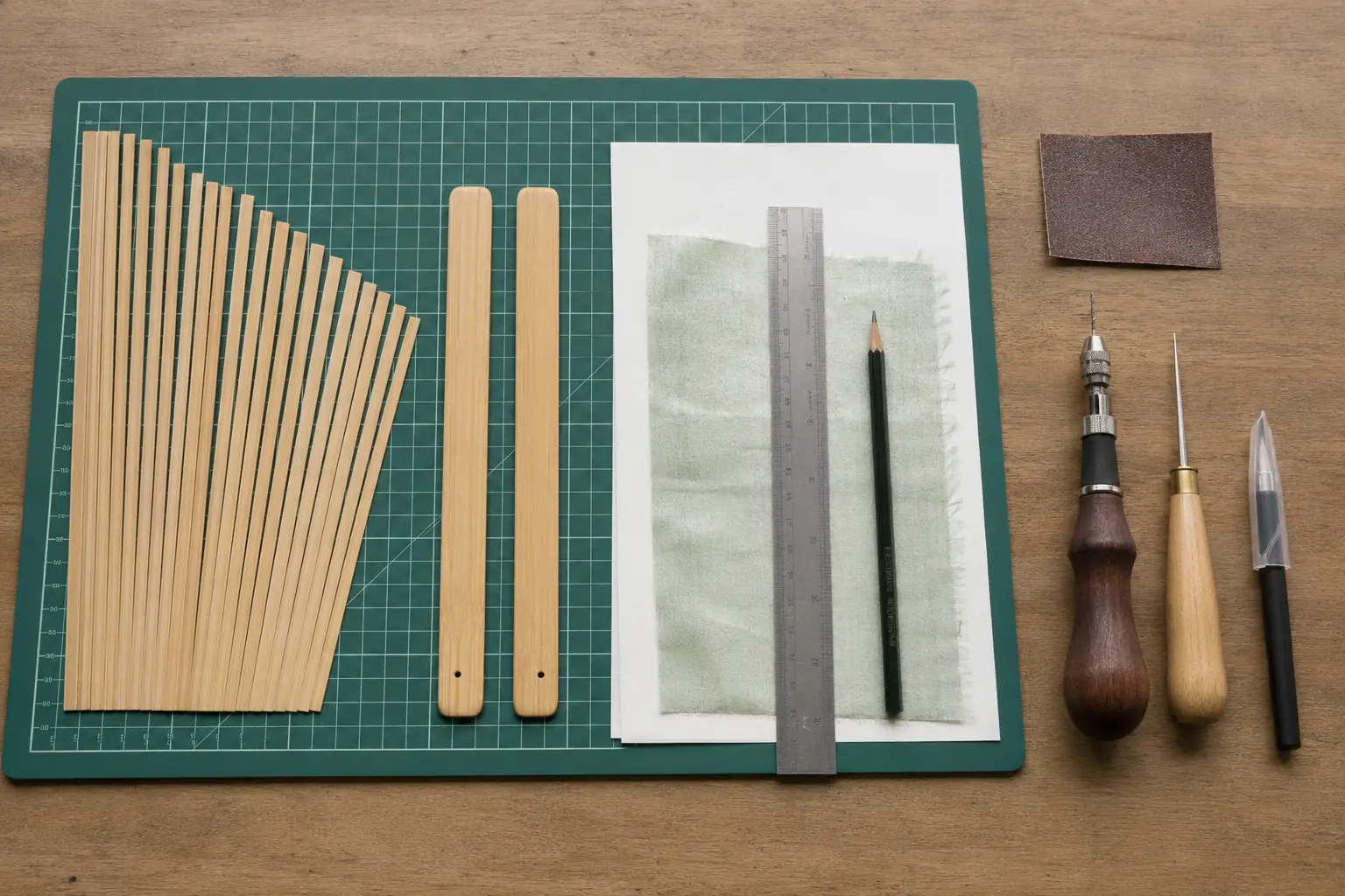 Bamboo strips, guard sticks, paper, silk, ruler, sandpaper and safe hand-fan making tools on a workbench