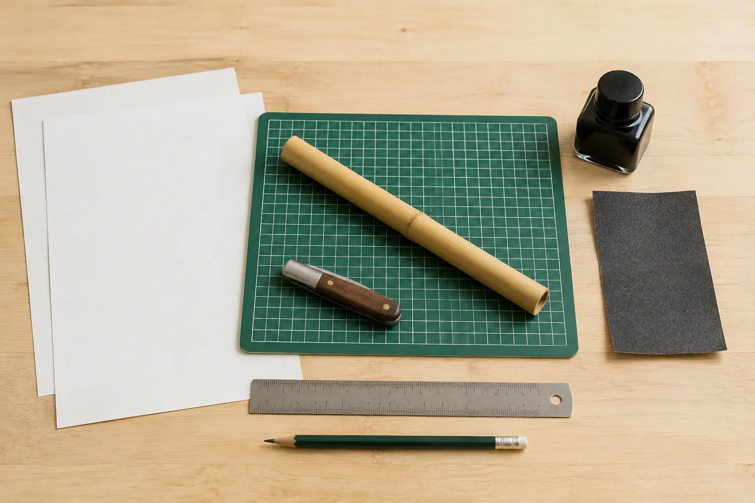 Dry bamboo section with craft knife, cutting mat, sandpaper, ruler and ink prepared for making a reed pen