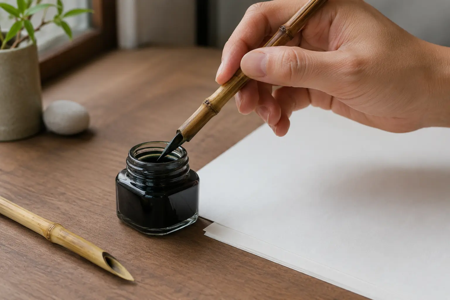 Bamboo dip pen being dipped shallowly into black calligraphy ink beside absorbent practice paper